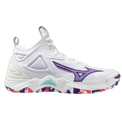 ミズノ ウエーブ モーメンタム 3 ミッドカット ホワイト バイオレットインディゴ レディース 2025